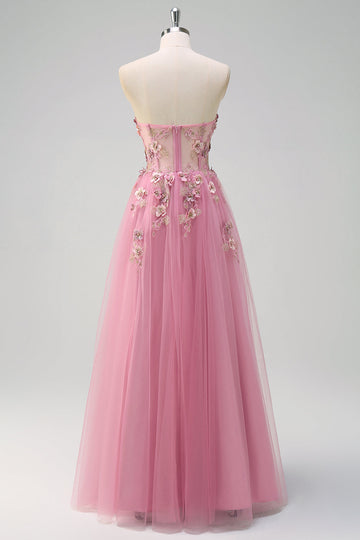 Taro Purple A-ligne Sans bretelles 3D Fleur Corset Robe de Soirée Longue avec Fente